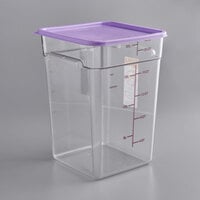Vigor 22 Qt. Allergen-Free Clear Square Polycarbonate Food Storage Container and Purple Lid