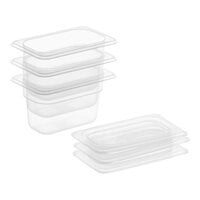 Vigor 1/9 Size 4" Deep Translucent Polypropylene Food Pan with Secure Sealing Lid Kit - 3/Pack